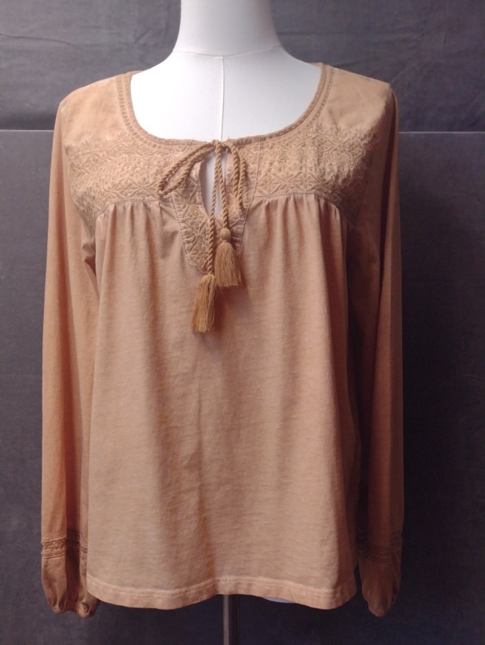 Lucky Brand Medium Tan/Gold Embroidered Tie-Neck Long Sleeve Tunic Tassel Tie